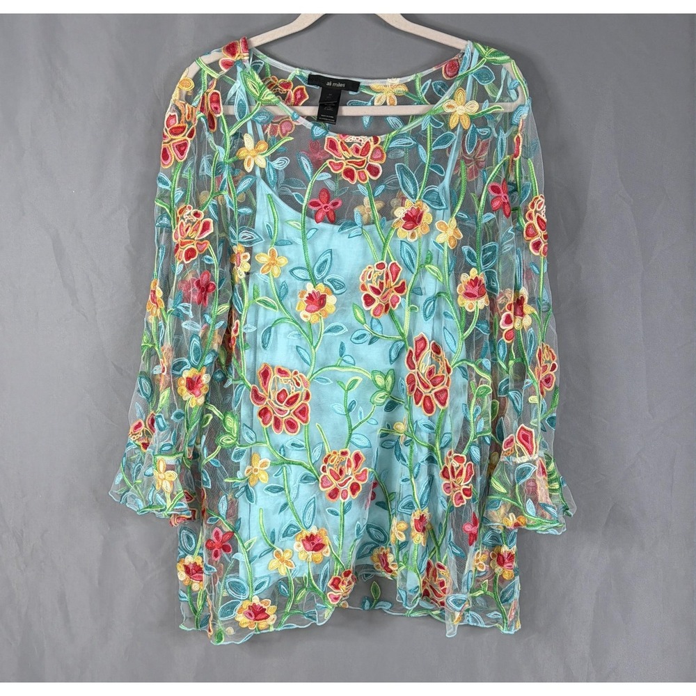 Ali Miles Top Womens 3X Blue Mesh Floral Embroidered Tunic Boho Fairy Sheer Art